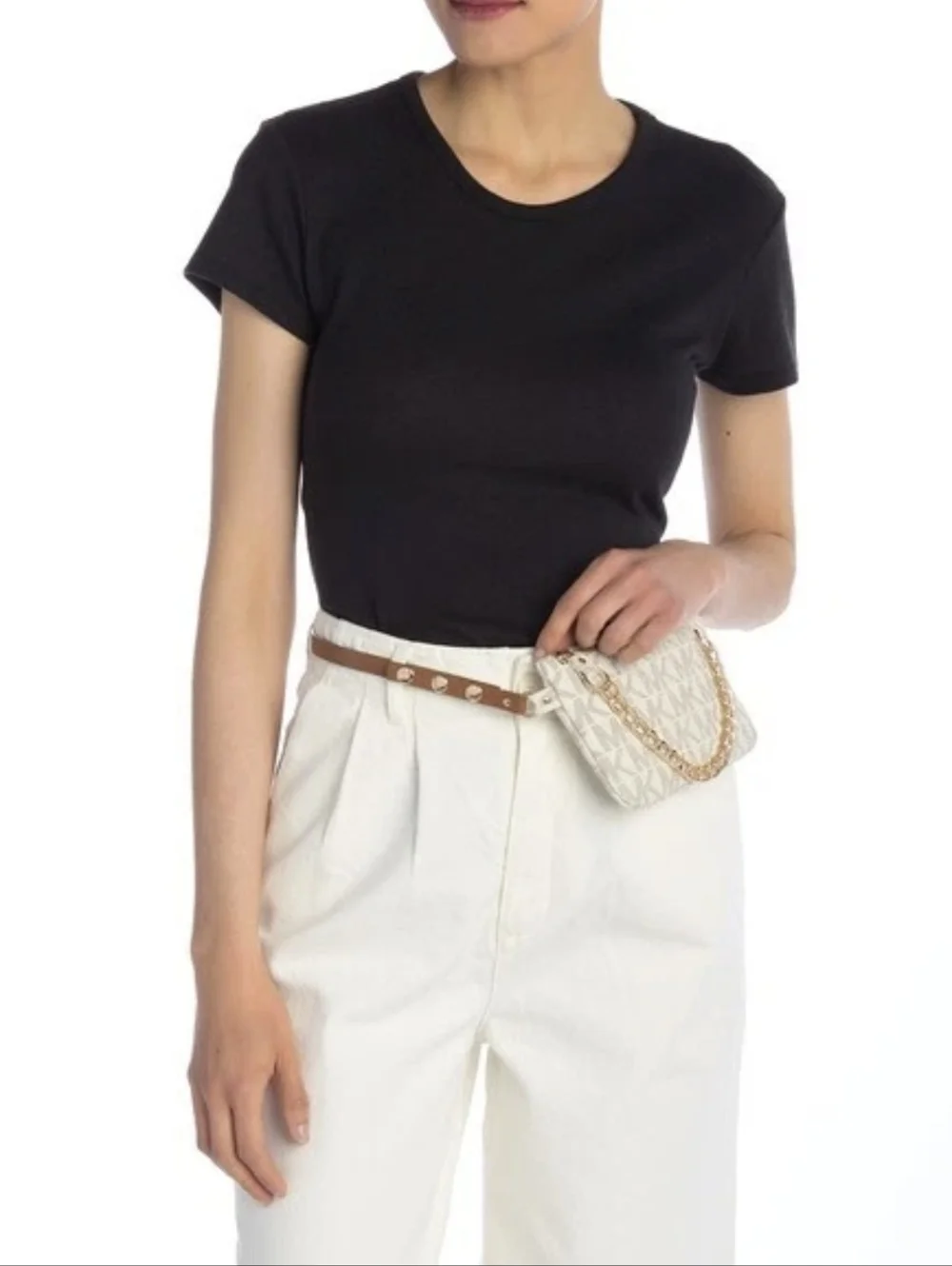 Michael Kors Signature Logo Pull Chain Belt Bag with Gold Hardware, 7.5×5, EUC